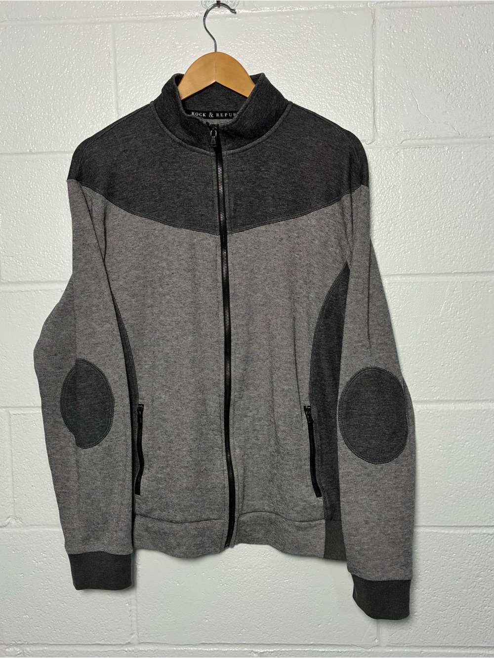 Rock & republic men’s full zip cotton blend elbow patch jacket